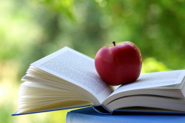 Apple on an open book, 4K