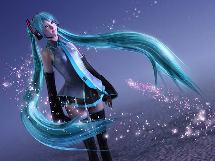 Hatsune Miku from Vocaloid with cherry blossoms