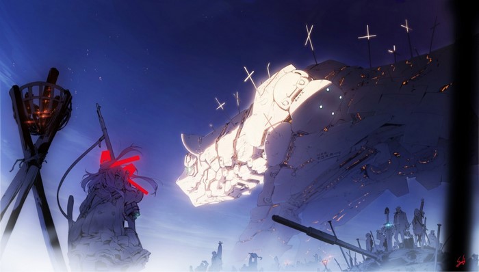 Anime illustration of a girl and a giant mechanical dragon