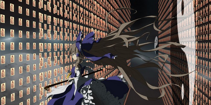 Anime girl with long hair and purple dress in front of a wall of cards