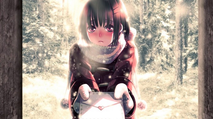 Anime girl with short hair in snow holding an envelope