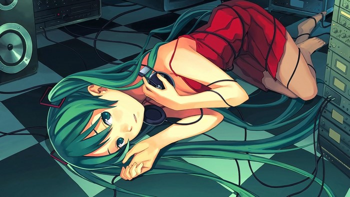 Hatsune Miku from Vocaloid lying on the floor with headphones