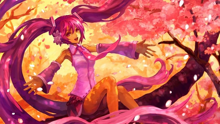 Anime girl with pink hair and cherry blossoms