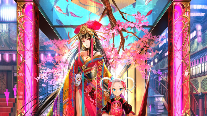Anime girls in kimonos with masks and cherry blossoms