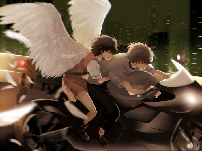 Angel wings on a motorcycle in the city