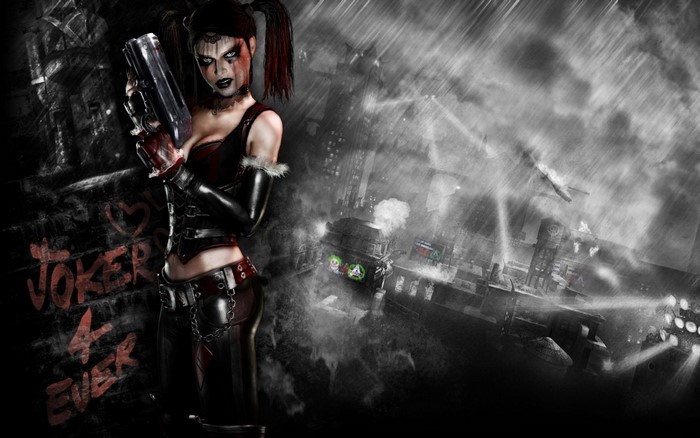 Harley Quinn from Batman: Arkham City holding a gun