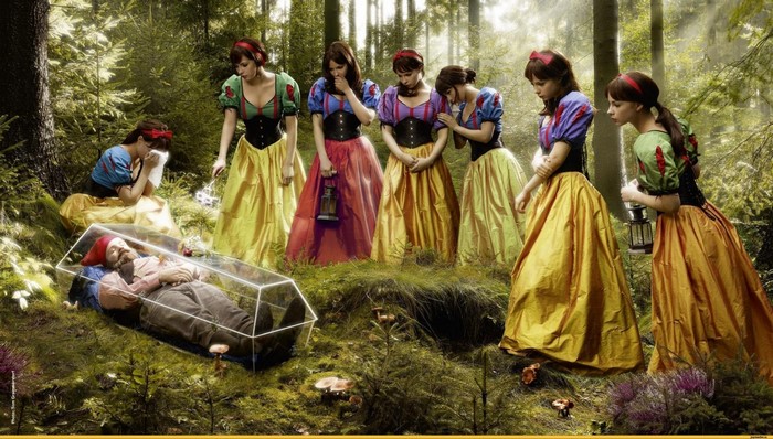 Snow White and the Seven Dwarfs in a forest