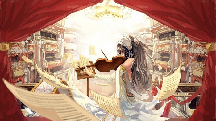 Anime girl playing violin in ornate theater with sheet music