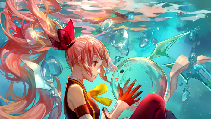 Anime girl with pink hair underwater with bubbles