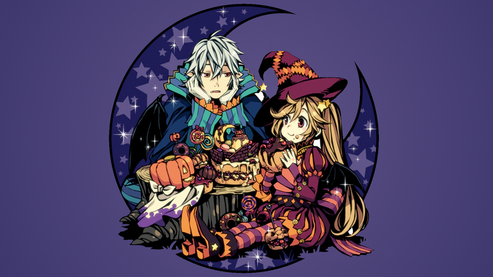 Anime Halloween characters with cake and candy