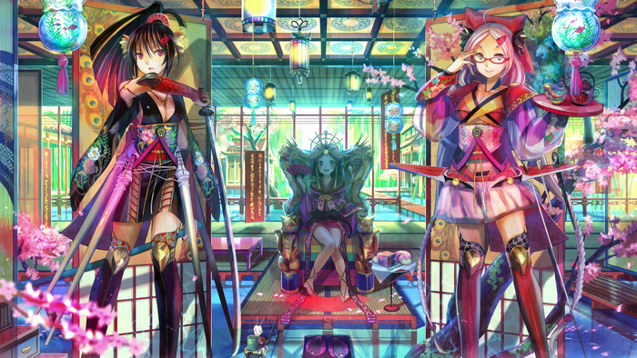 Anime girls in kimonos with swords and tea in a Japanese room