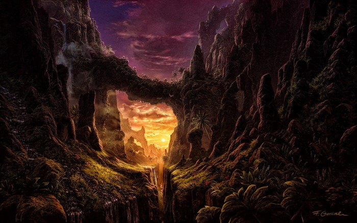Fantasy landscape with rocky arches and sunset