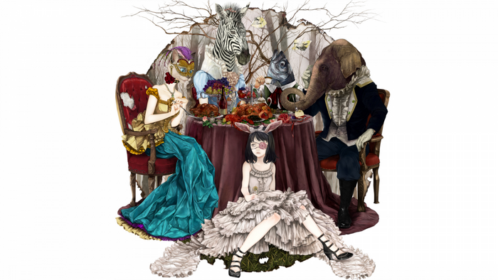 Surreal dinner party with anthropomorphic animals and masked figures