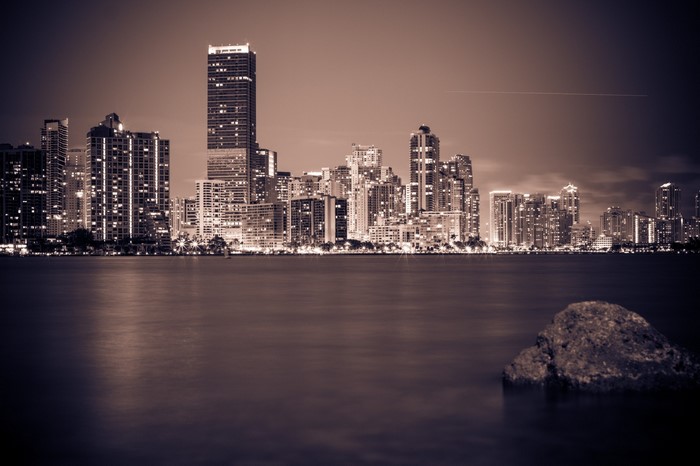 Miami Skyline at Night Over Water