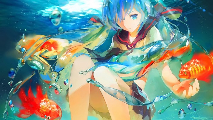 Anime girl with blue hair and goldfish underwater