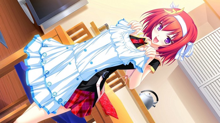 Anime girl with red hair holding a white dress