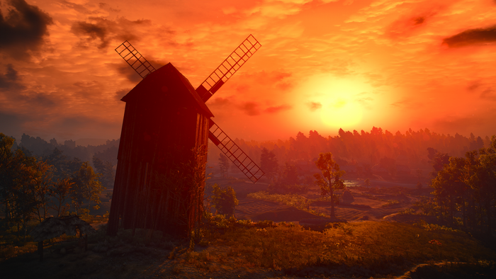 The Witcher 3: Wild Hunt - Sunset over a village with a windmill
