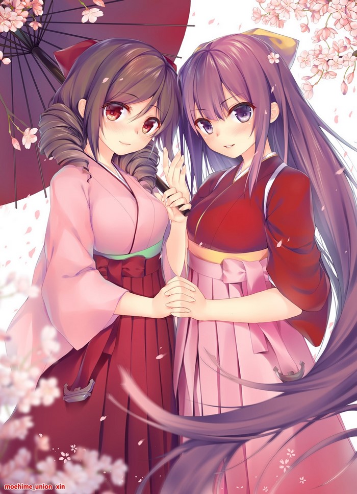 Two anime girls in kimonos with an umbrella and cherry blossoms