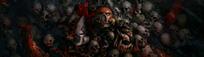 Warhammer 40,000: Eldar, Ork, and Space Marine amidst skulls