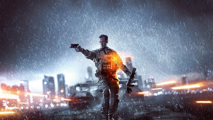 Soldier in the rain with guns in Battlefield 4