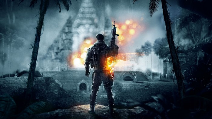 Soldier in front of burning temple in Battlefield 4