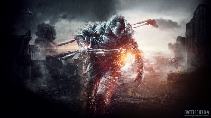 Soldier from Battlefield 4 in a war-torn city