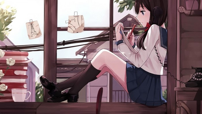 Anime girl with headphones sitting by the window