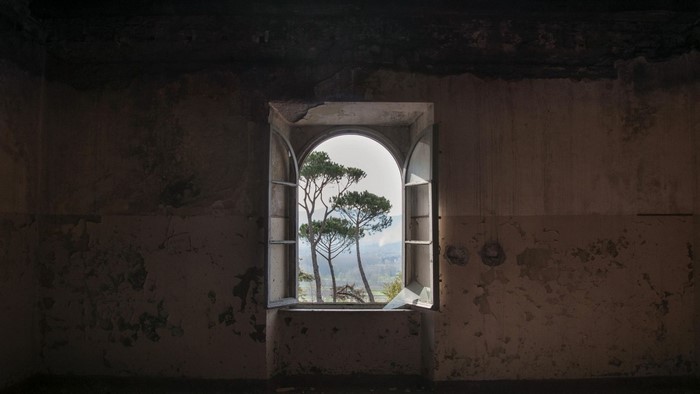 View through an arched window of trees in a landscape