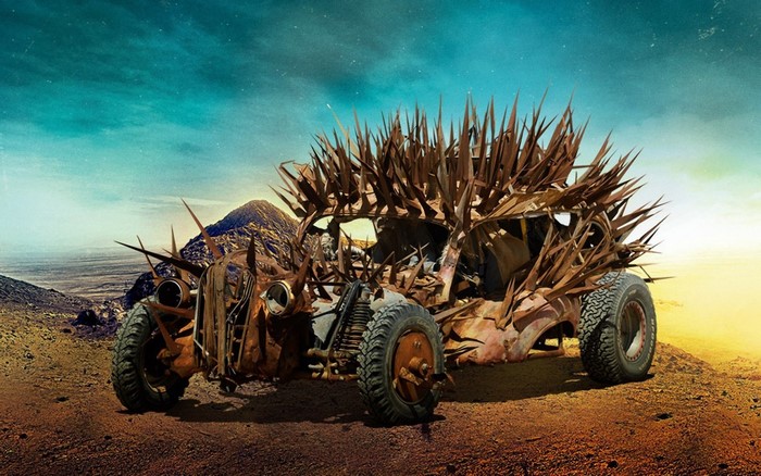 Mad Max Fury Road Rusted Spiked Vehicle in Desert