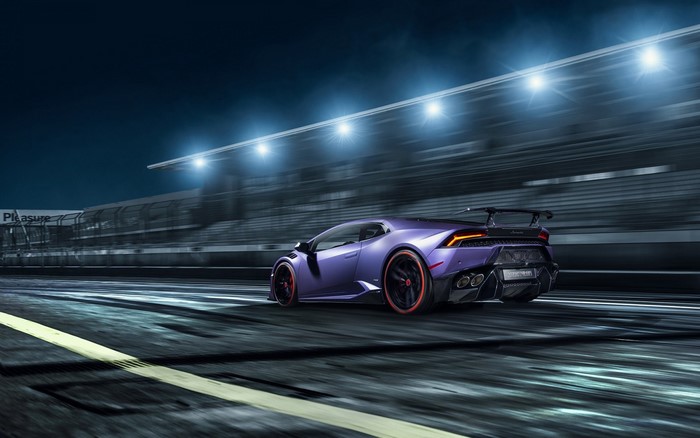 Purple Lamborghini Huracan on a Racetrack at Night
