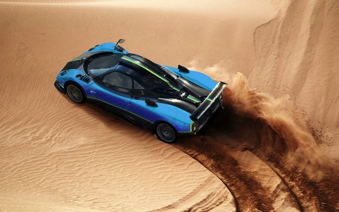 Pagani Zonda Cinque Roadster driving on sand dunes