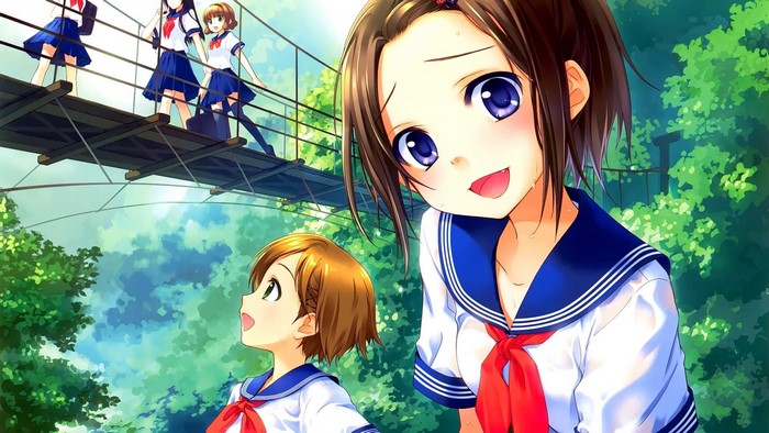 Anime girls in school uniforms on a bridge