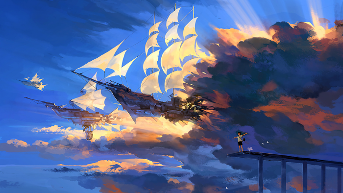 Anime airships sailing through clouds at sunset