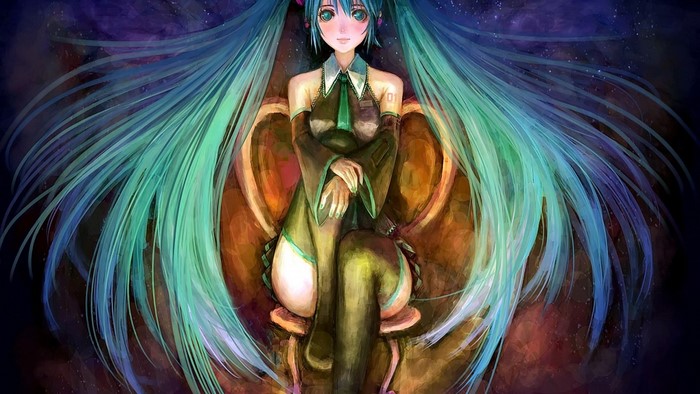 Hatsune Miku sitting on a chair with long aqua hair