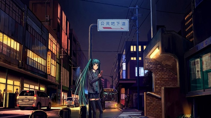 Hatsune Miku in a city street at night