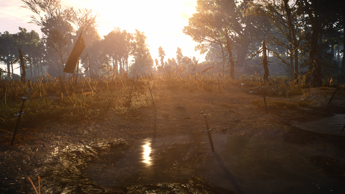 The Witcher 3 Wild Hunt forest scene with swords