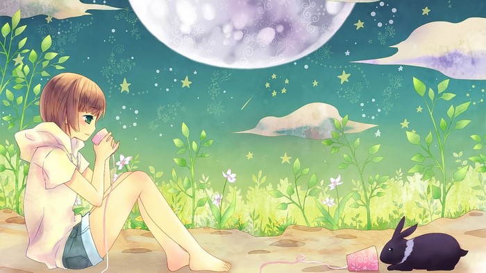 Anime girl with rabbit and tin can phone under the moon