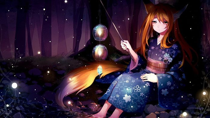 Fox girl in kimono holding lanterns in forest
