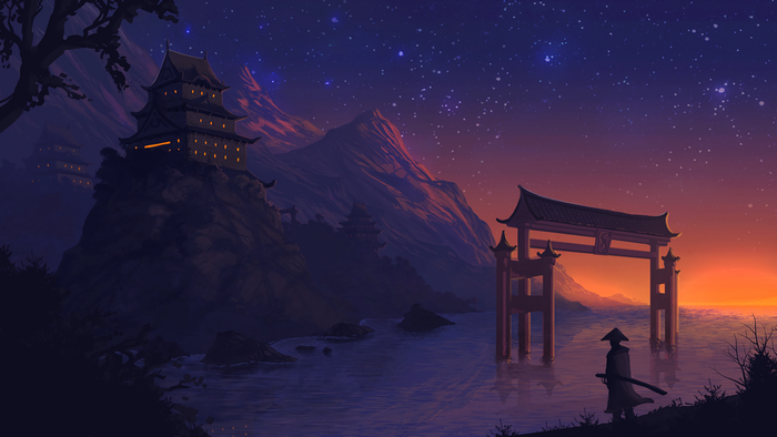 Samurai by a Torii gate at sunset with a castle on a cliff
