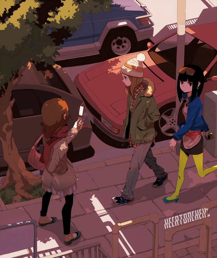 Anime girls walking on a city street with cars