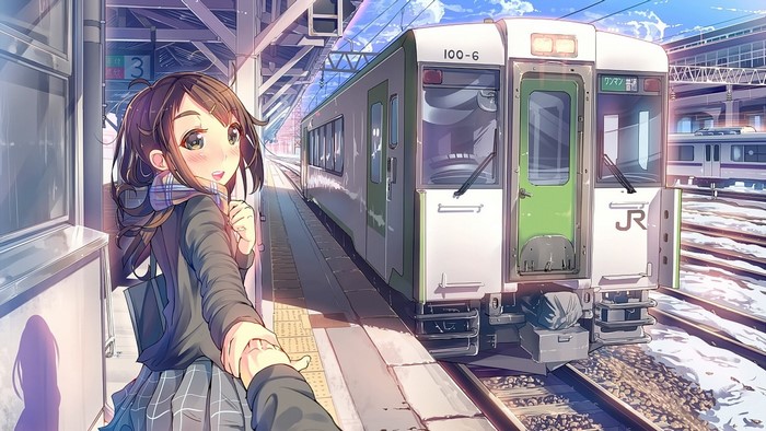 Anime girl holding hand at train station