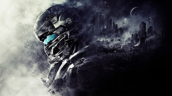 Master Chief from Halo 5 Guardians in a ruined city