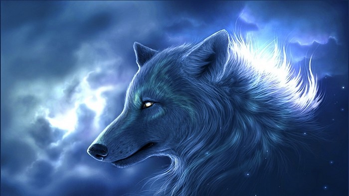 Fantasy art of a blue wolf in a stormy sky