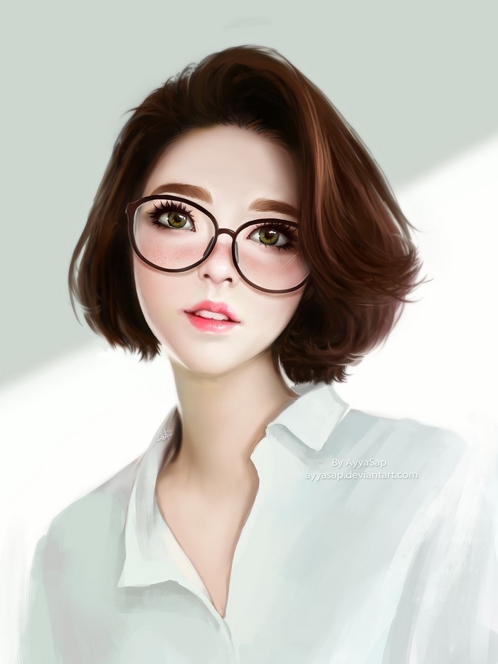 Digital painting of a young woman with short brown hair and glasses