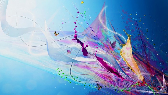 Abstract colorful paint splashes and butterflies
