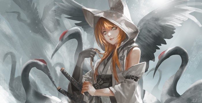 Anime girl with cranes and katanas