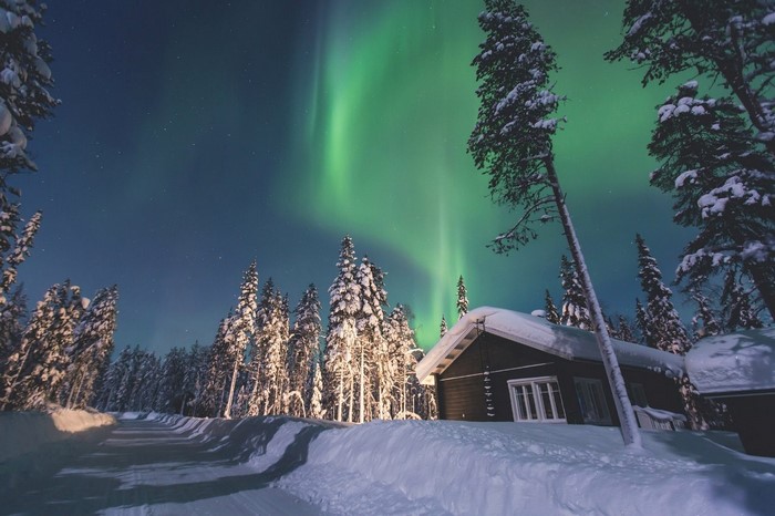 Aurora Borealis over a snowy forest and cabin