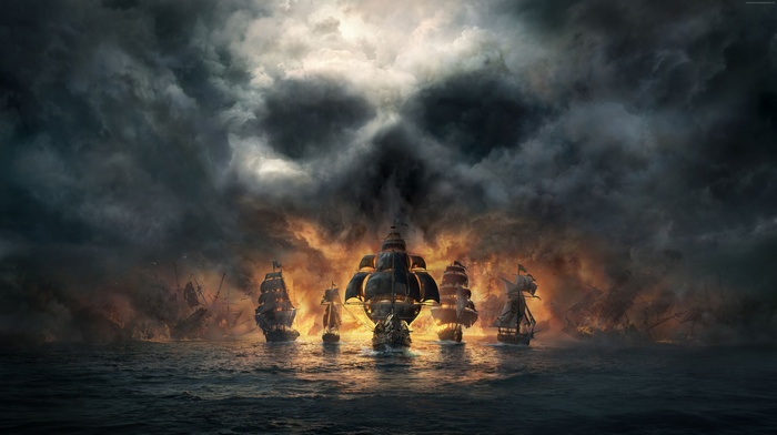 Skull clouds over pirate ships in battle