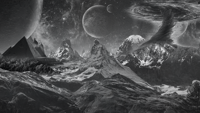 Monochrome alien landscape with pyramids and planets