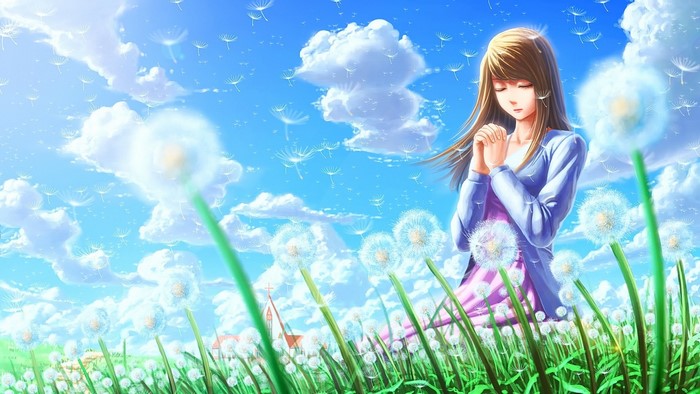 Anime girl praying in a field of dandelions